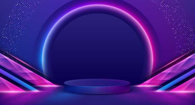 Fondo de podio de pedestal cilíndrico 3d azul de moda con luz de neón circular brillante y brillante