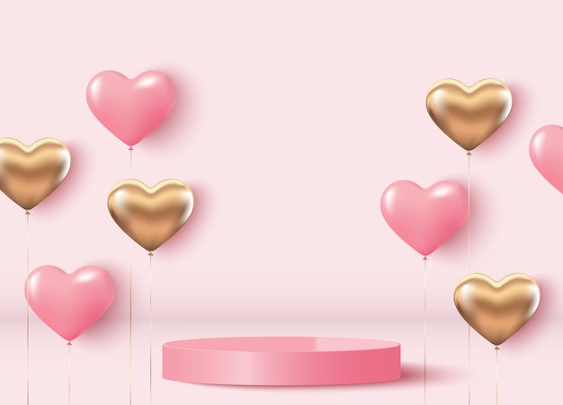 Fondo de podio rosado con voluminosos corazones rosados y dorados Fondo festivo para la demostración de productos