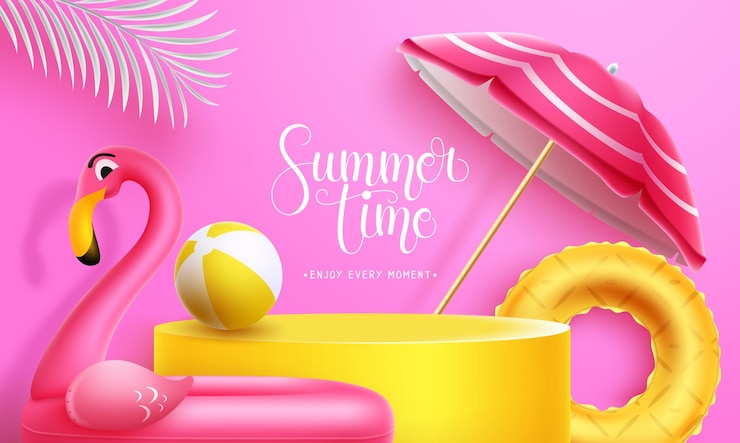 Vector fondo de podio de vector de horario de verano. texto de horario de verano en la pantalla de maquetas con flamingo.