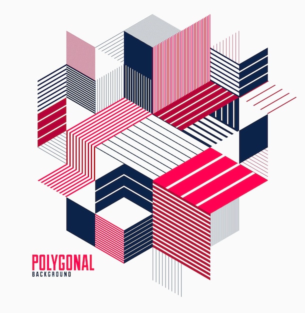Fondo poligonal abstracto con triángulos rayados y diseño de vectores de cubos 3D. Plantilla para diferentes publicidades o portadas o pancartas. Elemento gráfico de estilo retro.