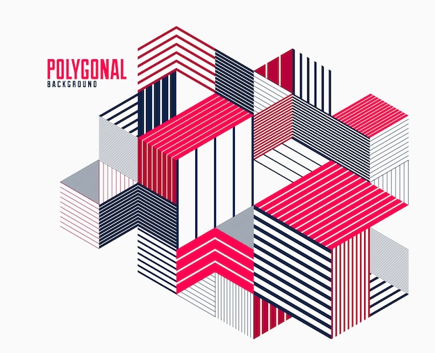 Fondo poligonal abstracto con triángulos rayados y diseño de vectores de cubos 3D. Plantilla para diferentes publicidades o portadas o pancartas. Elemento gráfico de estilo retro.