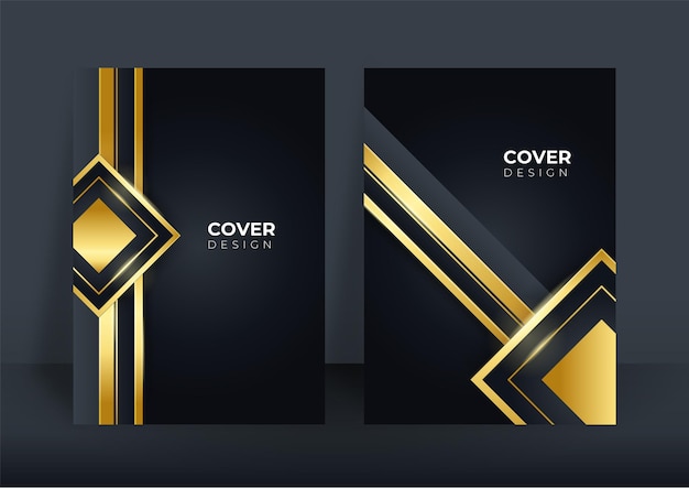 Fondo de portada de negocios de lujo, decoración abstracta, patrón dorado, gradientes de semitonos, ilustración vectorial 3d. Plantilla de portada de oro negro, formas geométricas, banner minimalista moderno