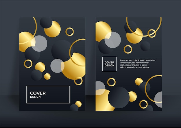 Fondo de portada de negocios de lujo, decoración abstracta, patrón dorado, gradientes de semitonos, ilustración vectorial 3d. Plantilla de portada de oro negro, formas geométricas, banner minimalista moderno