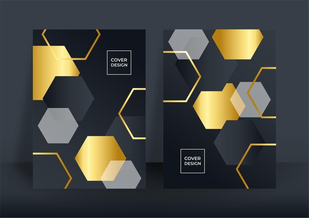 Fondo de portada de negocios de lujo, decoración abstracta, patrón dorado, gradientes de semitonos, ilustración vectorial 3d. Plantilla de portada de oro negro, formas geométricas, banner minimalista moderno