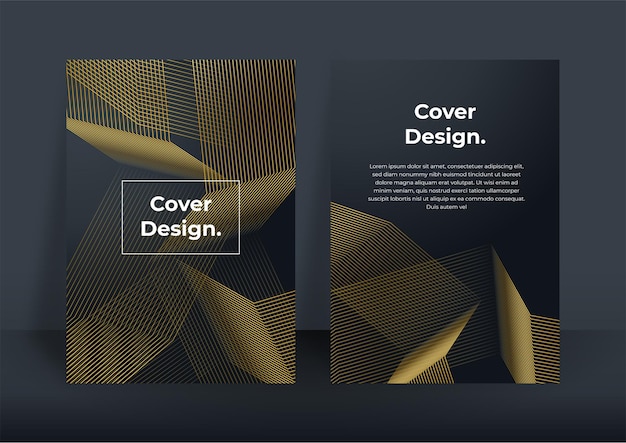 Fondo de portada de negocios de lujo, decoración abstracta, patrón dorado, gradientes de semitonos, ilustración vectorial 3d. Plantilla de portada de oro negro, formas geométricas, banner minimalista moderno