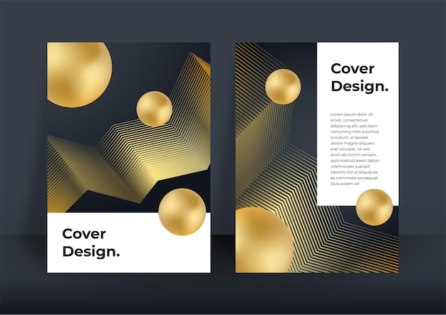 Fondo de portada de negocios de lujo, decoración abstracta, patrón dorado, gradientes de semitonos, ilustración vectorial 3d. Plantilla de portada de oro negro, formas geométricas, banner minimalista moderno