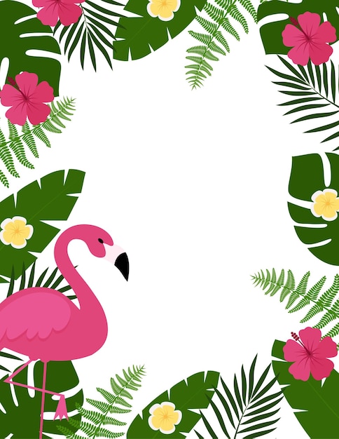 Fondo de postal de verano con plantas tropicales y flores flamencos para banner tipográfico cartel fiesta invitación vector ilustración Eps 10