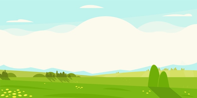 Vector fondo de pradera de verano panorama de la granja con flores rurales paisaje de campo con árboles y nube de hierba bunner para texto ilustración vectorial de paisaje de pradera de granja y fondo de campo