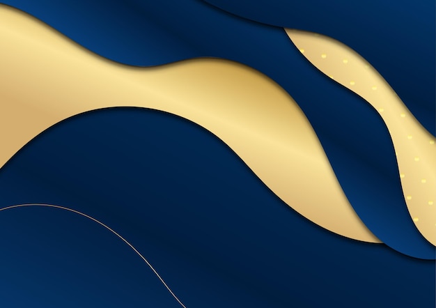 Fondo de presentación de negocios abstracto azul y oro. Patrón abstracto de lujo azul oscuro con fondo dorado. Textura de semitono de coloridos brillos dorados con elementos dorados realistas brillantes.