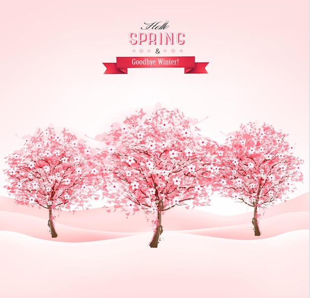 Fondo de primavera con árboles de sakura en flor Vector