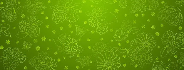 Fondo de primavera en colores verdes de varias flores y mariposas