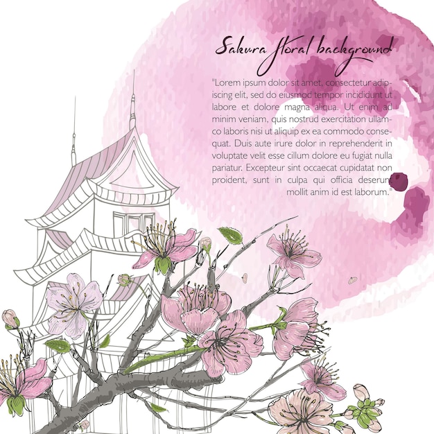 Fondo de primavera dibujado a mano con flor de sakura, casa japonesa y mancha de acuarela. Plantilla de diseño con lugar para texto.