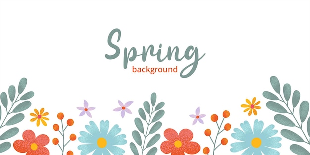 Fondo de primavera dibujado a mano con flores delicadas vegetación frondosa con texturas granuladas