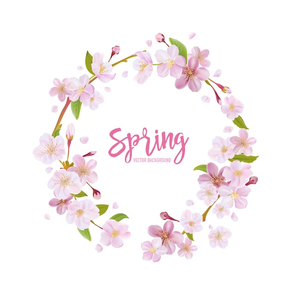 Fondo de primavera de flor de cerezo con guirnalda floral