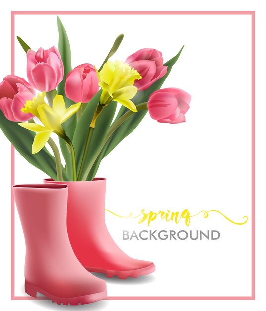 Fondo de primavera con flores de primavera florecientes tulipanes rosados Narciso con botas rosas