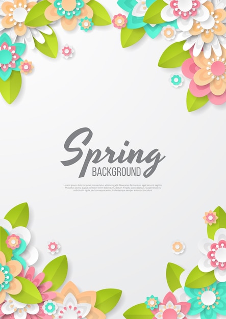 Vector fondo de primavera con hermosa flor de colores estilo de corte de papel