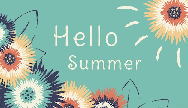 Fondo de primavera Hermosa tarjeta de felicitación con flores de colores cielo follaje sol y texto de saludo Concepto de naturaleza Vector templat para cartel de tarjeta de banner