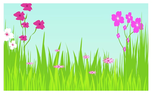 Fondo de primavera de paisaje vectorial con flores y árboles