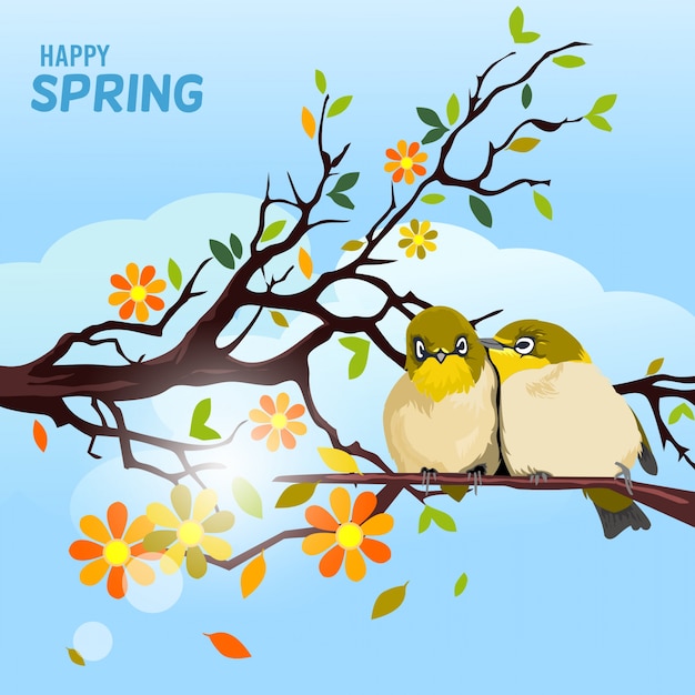 Vector fondo de primavera con pájaros