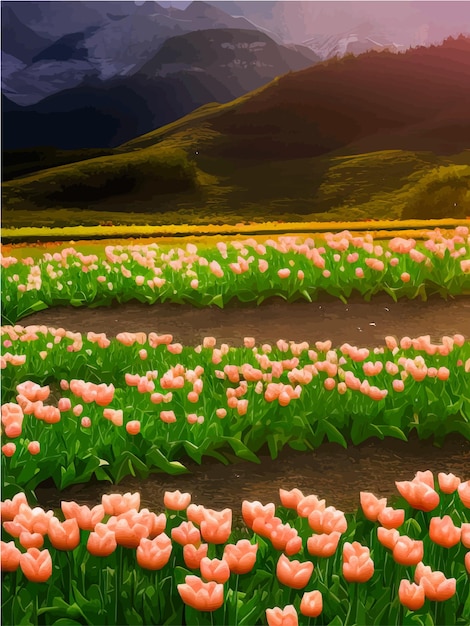 Vector fondo de primavera vectorial paisaje holandés con montañas de campo de tulipanes y cielo con flores de nubes