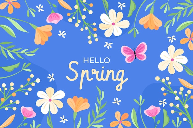 Fondo primaveral de coloridas flores y plantas con saludo