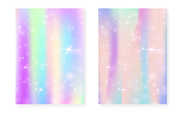 Fondo de princesa con degradado de arco iris kawaii. Holograma de unicornio mágico. Conjunto de hadas holográficas. Cubierta de fantasía de moda. Fondo de princesa con destellos y estrellas para invitación de fiesta de niña linda.