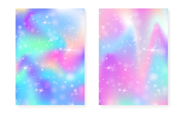 Fondo de princesa con degradado de arco iris kawaii. holograma de unicornio mágico. conjunto de hadas holográficas. funda de fantasía fluorescente. fondo de princesa con destellos y estrellas para invitación de fiesta de niña linda.