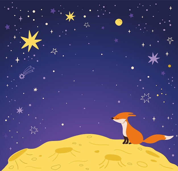 El fondo del principito cielo estrellado y superficie lunar con zorro ilustración vectorial