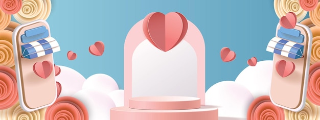 fondo de producto rojo podio 3d para valentinepink y corazón amor romance concepto diseño vector enfermo