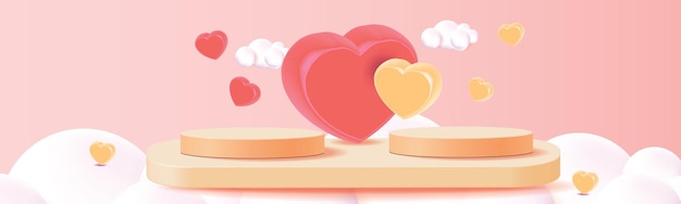 Fondo de producto rojo de podio 3d para vector de diseño de concepto de romance de amor rosa y corazón para san valentín