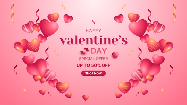 Fondo de promoción de venta de feliz día de san valentín con corazón de globo