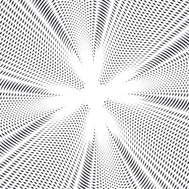 Fondo psicodélico rayado con líneas muaré en blanco y negro. Patrón óptico degradado, mosaico de efecto de movimiento.