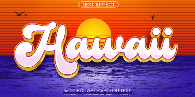 Vector fondo de puesta de sol y oro brillante cool hawaii efecto de texto vectorial editable y escalable