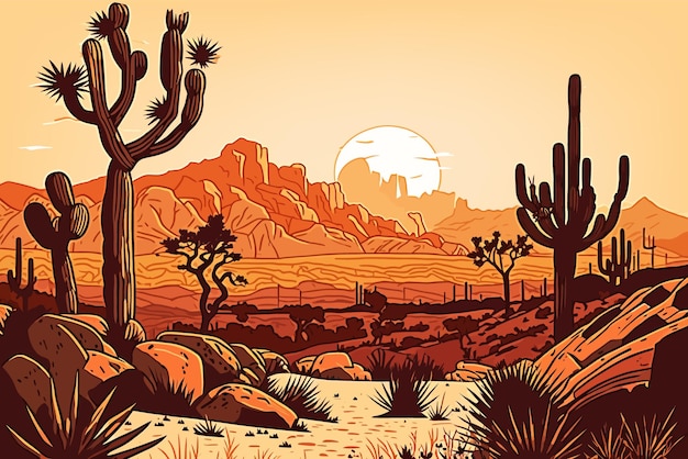 Fondo de puesta de sol de vector de desierto occidental Cactus y arena paisaje de naturaleza seco caliente