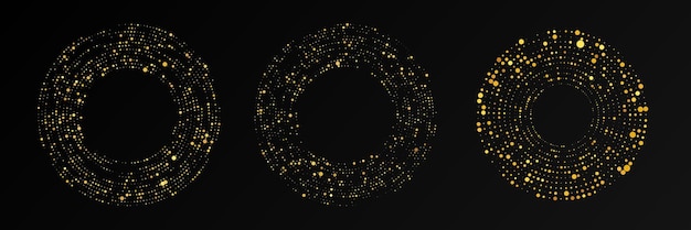 Fondo punteado de semitono brillante de oro abstracto Conjunto de tres patrones de brillo dorado en forma de círculo Puntos de semitono circular Ilustración vectorial