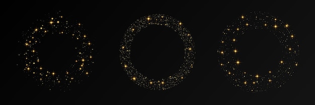 Fondo punteado de semitono brillante de oro abstracto Conjunto de tres patrones de brillo dorado en forma de círculo Puntos de semitono circular Ilustración vectorial