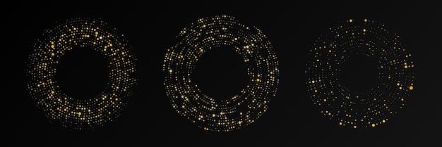 Fondo punteado de semitono brillante de oro abstracto Conjunto de tres patrones de brillo dorado en forma de círculo Puntos de semitono circular Ilustración vectorial