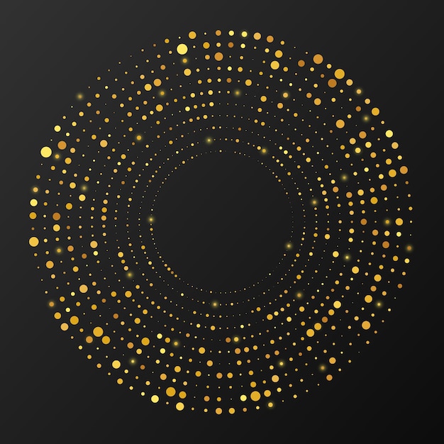 Fondo punteado de semitono brillante de oro abstracto. patrón de brillo dorado en forma de círculo. círculo de puntos de semitono. ilustración vectorial