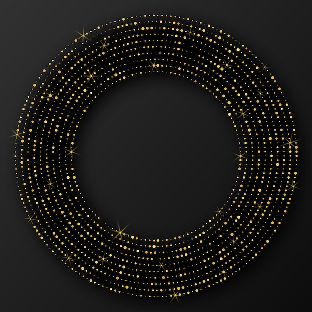 Fondo punteado de semitono brillante de oro abstracto. Patrón de brillo dorado en forma de círculo. Círculo de puntos de semitono. ilustración vectorial