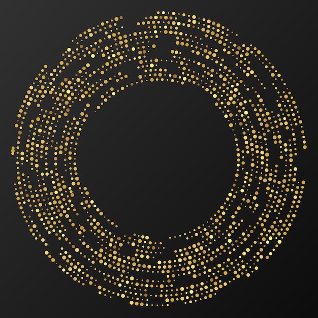 Fondo punteado de semitono brillante de oro abstracto. Patrón de brillo dorado en forma de círculo. Círculo de puntos de semitono. ilustración vectorial