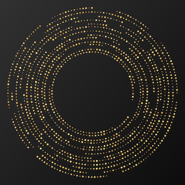 Fondo punteado de semitono brillante de oro abstracto. Patrón de brillo dorado en forma de círculo. Círculo de puntos de semitono. ilustración vectorial