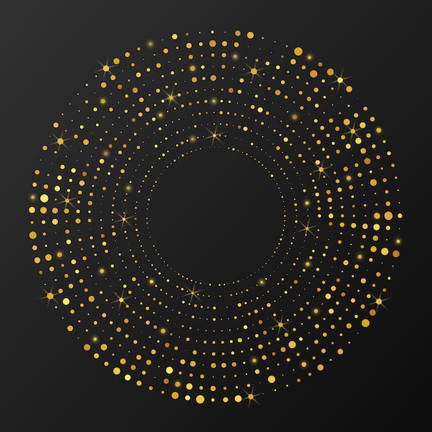 Fondo punteado de semitono brillante de oro abstracto. Patrón de brillo dorado en forma de círculo. Círculo de puntos de semitono. ilustración vectorial
