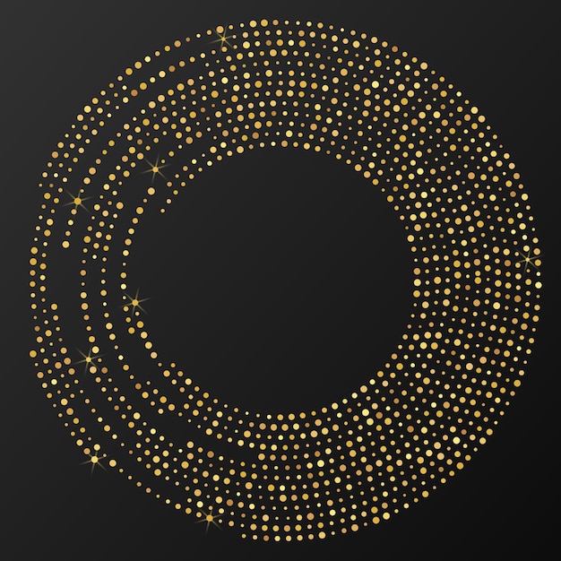 Fondo punteado de semitono brillante de oro abstracto. Patrón de brillo dorado en forma de círculo. Círculo de puntos de semitono. ilustración vectorial