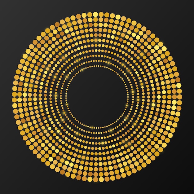 Fondo punteado de semitono que brilla intensamente del oro abstracto. Patrón de brillo dorado en forma de círculo. Círculo de puntos de semitono. Ilustración vectorial