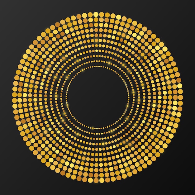 Fondo punteado de semitono que brilla intensamente del oro abstracto. patrón de brillo dorado en forma de círculo. círculo de puntos de semitono. ilustración vectorial