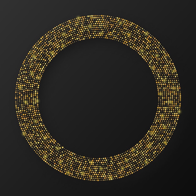 Fondo punteado de semitono que brilla intensamente del oro abstracto. Patrón de brillo dorado en forma de círculo. Círculo de puntos de semitono. Ilustración vectorial