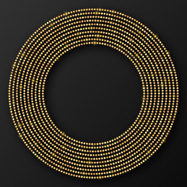 Fondo punteado de semitono que brilla intensamente del oro abstracto. Patrón de brillo dorado en forma de círculo. Círculo de puntos de semitono. Ilustración vectorial