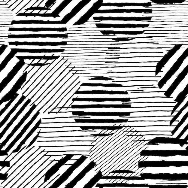 Fondo de puntos irregulares Patrón sin costuras de elementos pintados dibujados a mano Trazos de pincel rayas y lunares Impresión gráfica punteada vectorial Arte en blanco y negro