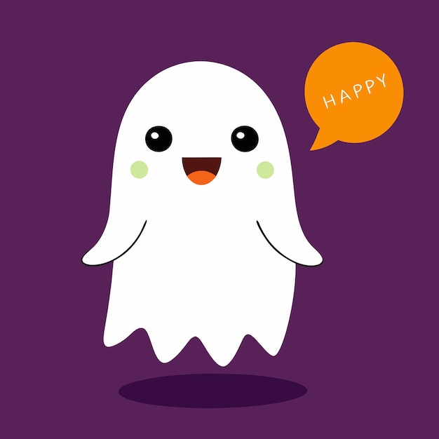 un fondo púrpura con un fantasma de dibujos animados y una burbuja de habla diciendo feliz feliz