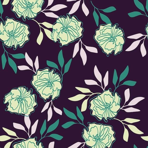 un fondo púrpura con una flor verde y blanca y hojas verdes